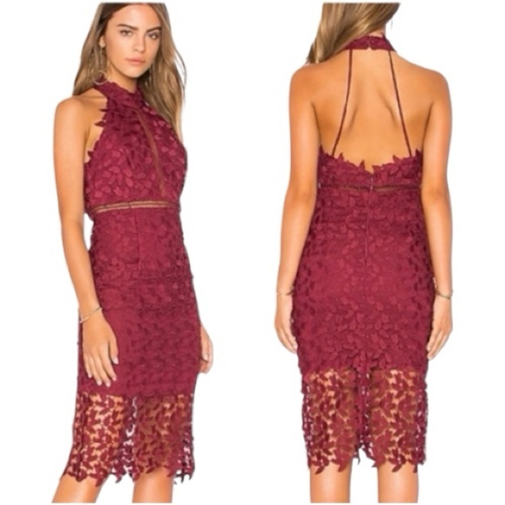 NEW Bardot Gemma Halter Open Back Lace Midi Dress Size 4 XS Burgundy Red Wine